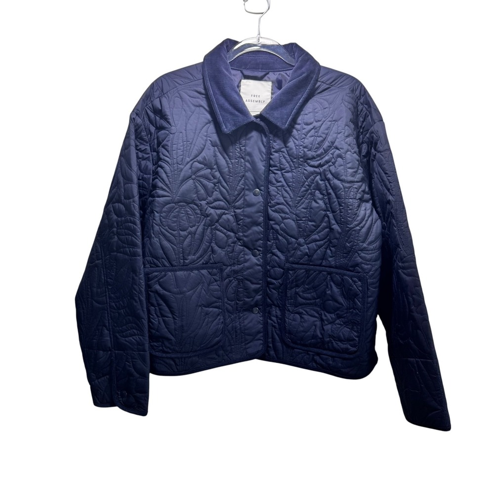 Free Assembly Womens 2X Blue Diamond Quilted Button Front Barn Jacket Coat Light
